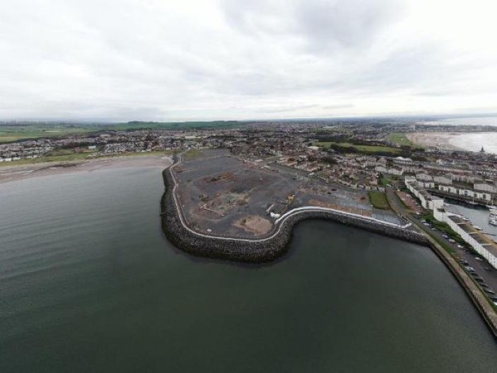 An aerial view of the Ardrossan Campus site and the harbour