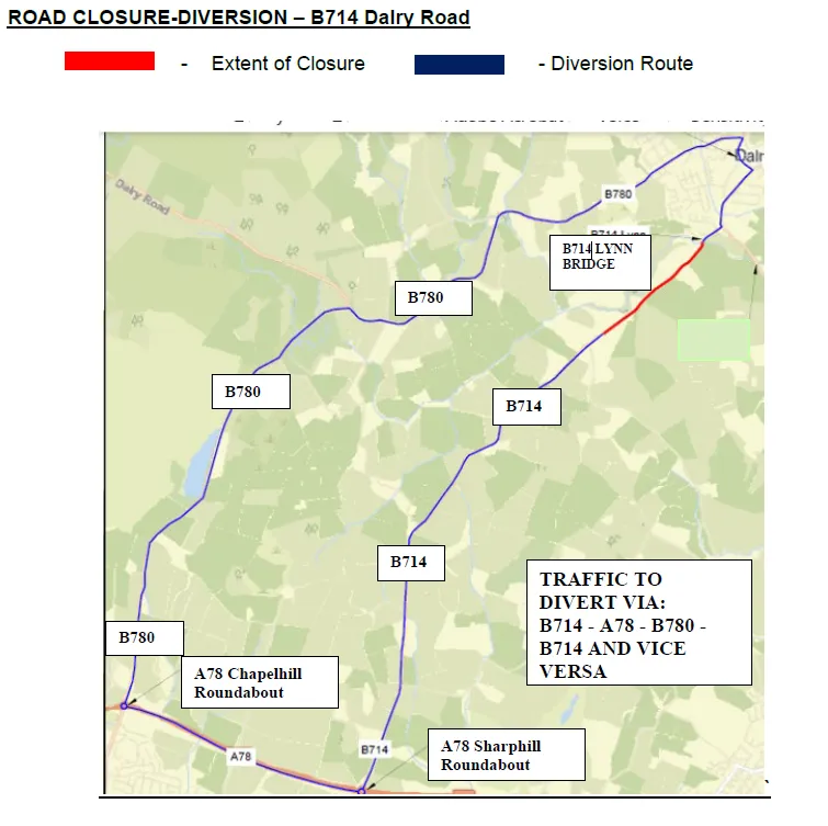 Map showing the section of the B714 closure and the alternative diversion available for drivers via the B714, A78 and B780 roads.