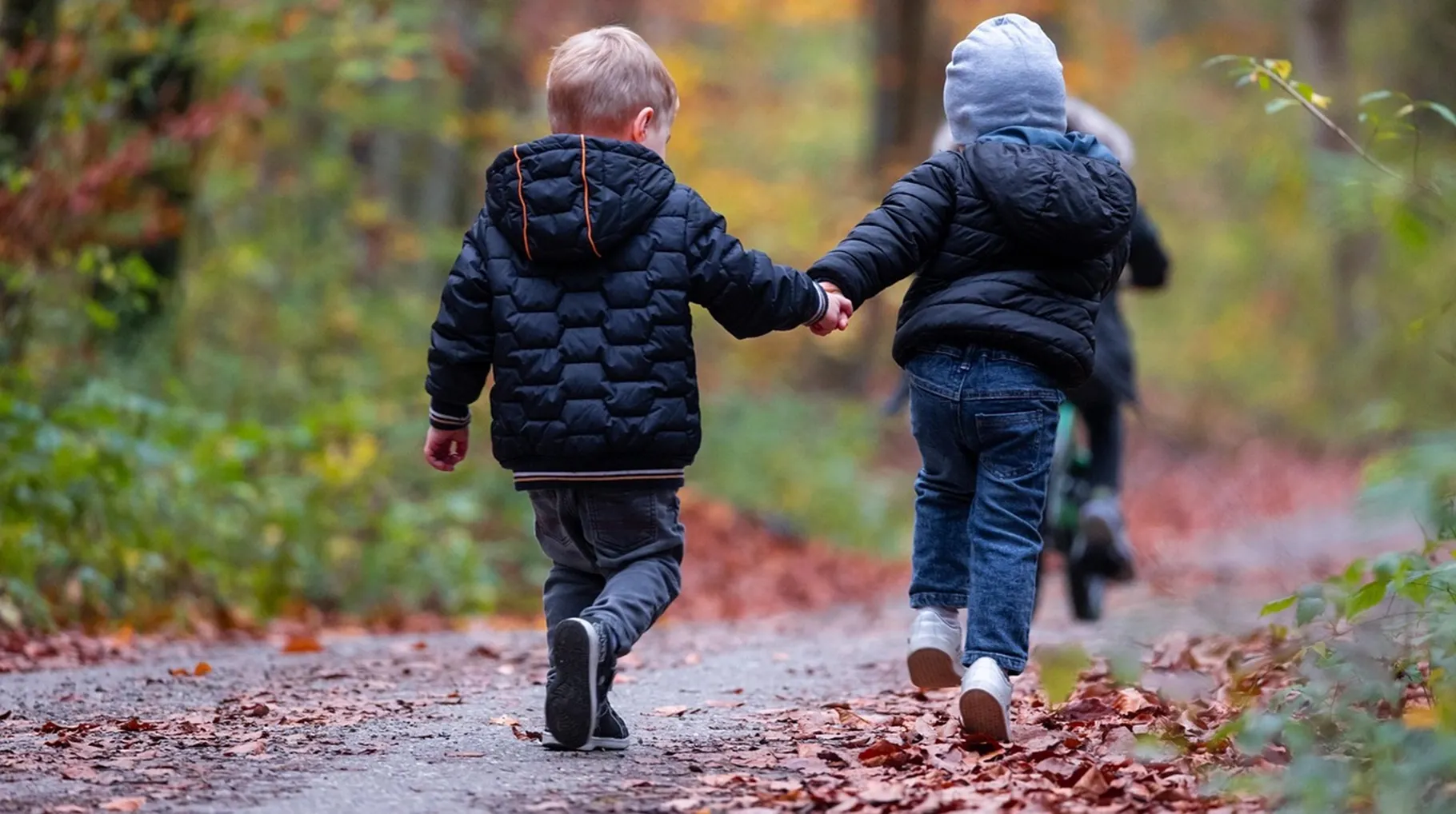 Two children holding hands and walking down a path in the woods with another child riding a bike ahead of them