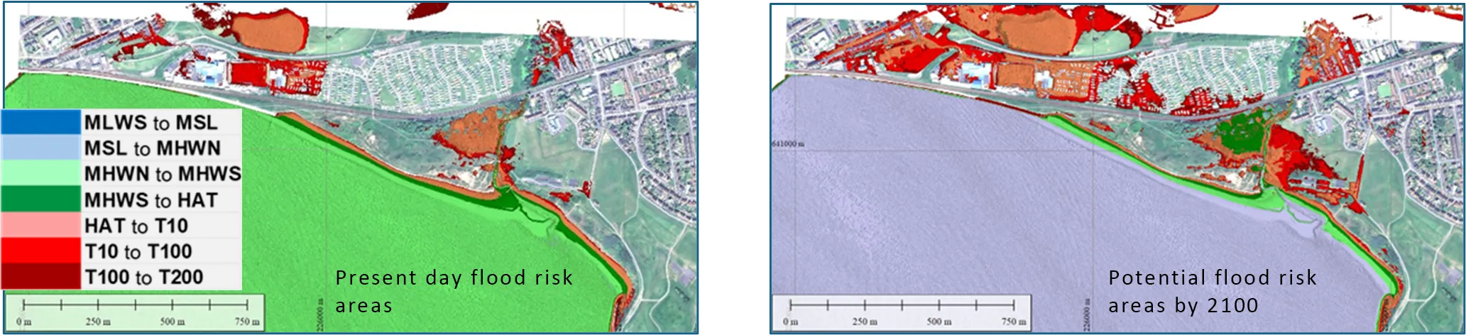 Maps showing the present day flood risk areas and the potential flood risk areas by 2100