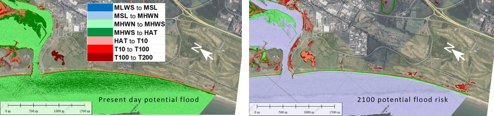 Aerial maps showing the present day potential flood risk and potential flood risk in 2100
