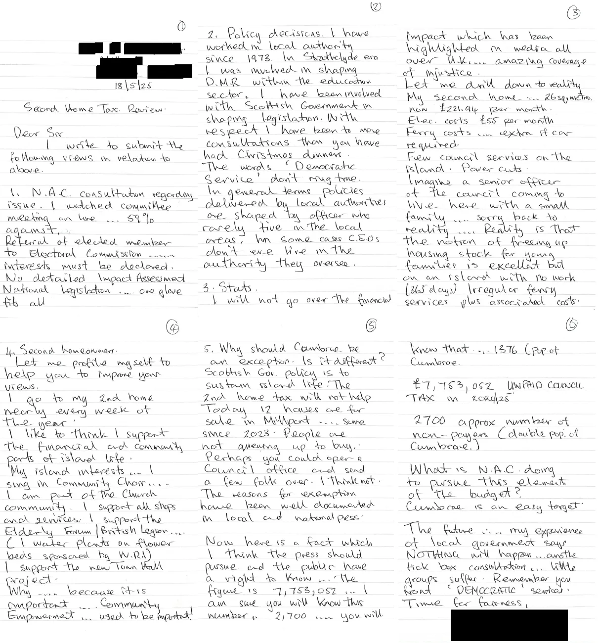 A handwritten letter submitted in relation to Second Home Tax Review