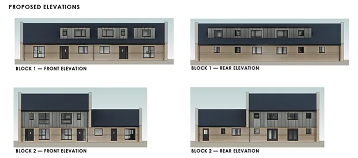 Two blocks of houses showing the proposed front and read elevations for each