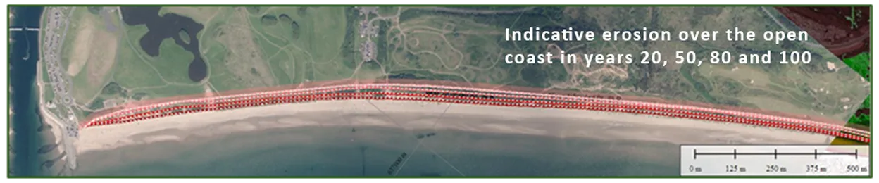 Indicative erosion over the open coast in years 20, 50, 80 and 100