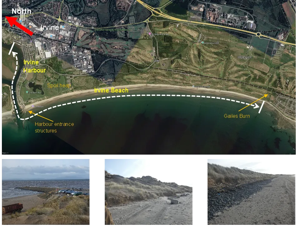 An aerial view map showing from the Irvine Harbour and Irvine Beach to the Gailes Burn
