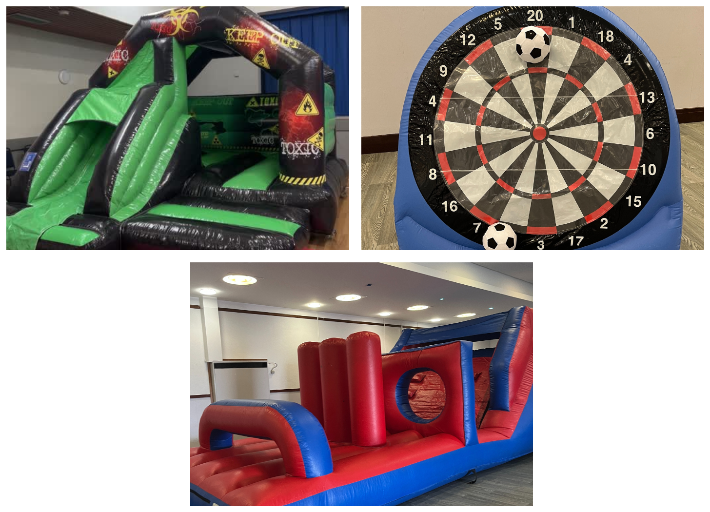 Two inflatable bouncy castles and an inflatable football dart board