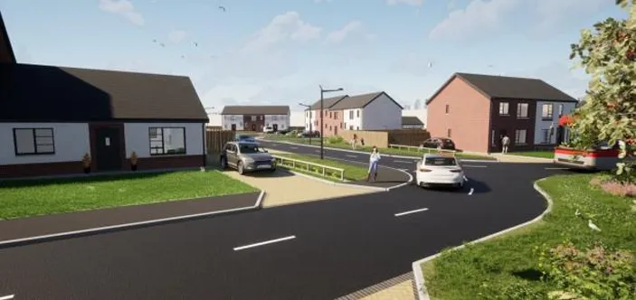 A street with house, people walking and cars on the road