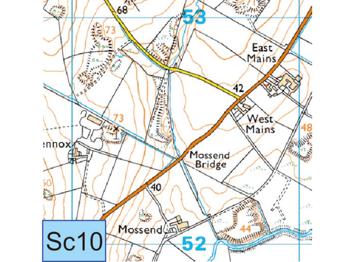 Sc10 OS map rural cluster East Mains, West Mains, Mossend Bridge, Mossend