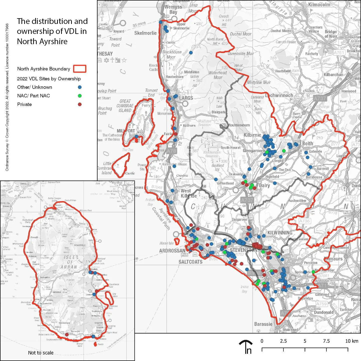 Map of North Ayrshire showing the distribution and ownership of vacant and derelict land