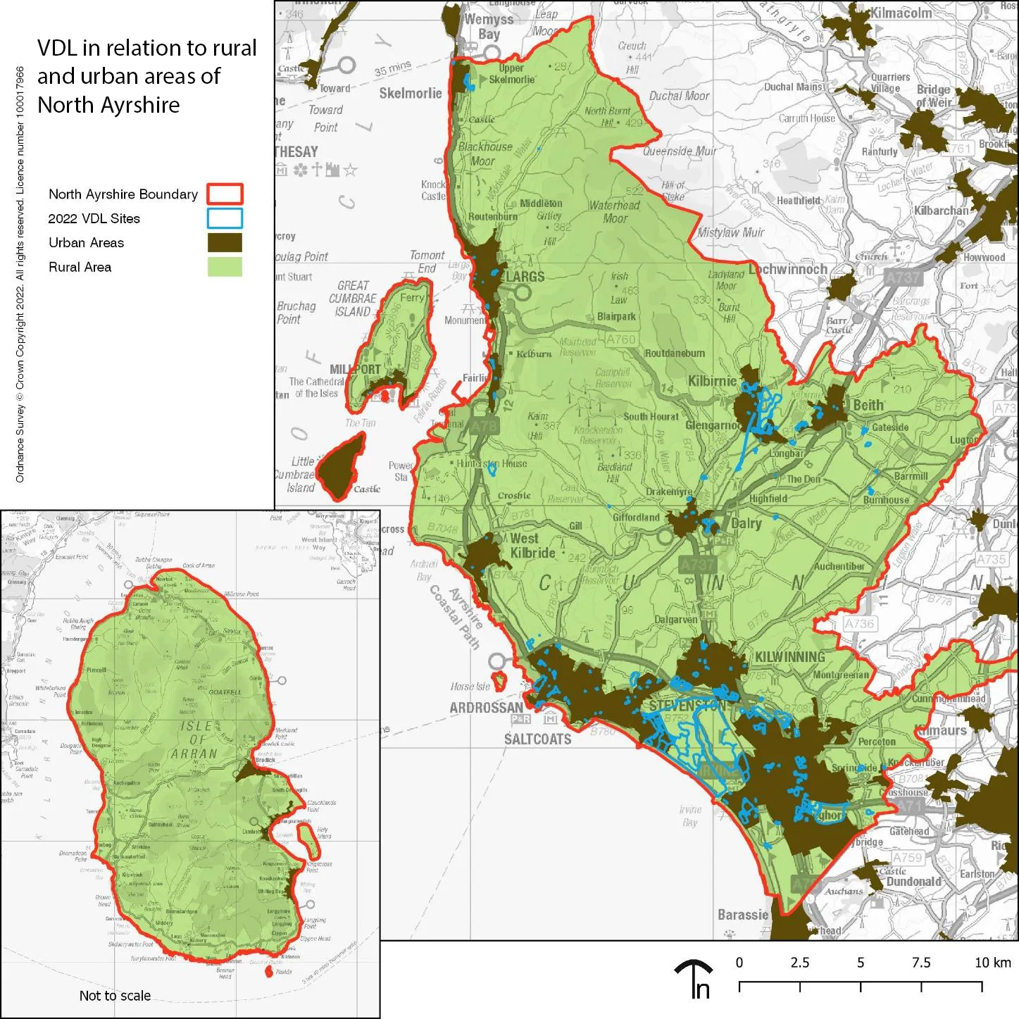Map of North Ayrshire showing vacant and derelict land in relation to rural and urban areas
