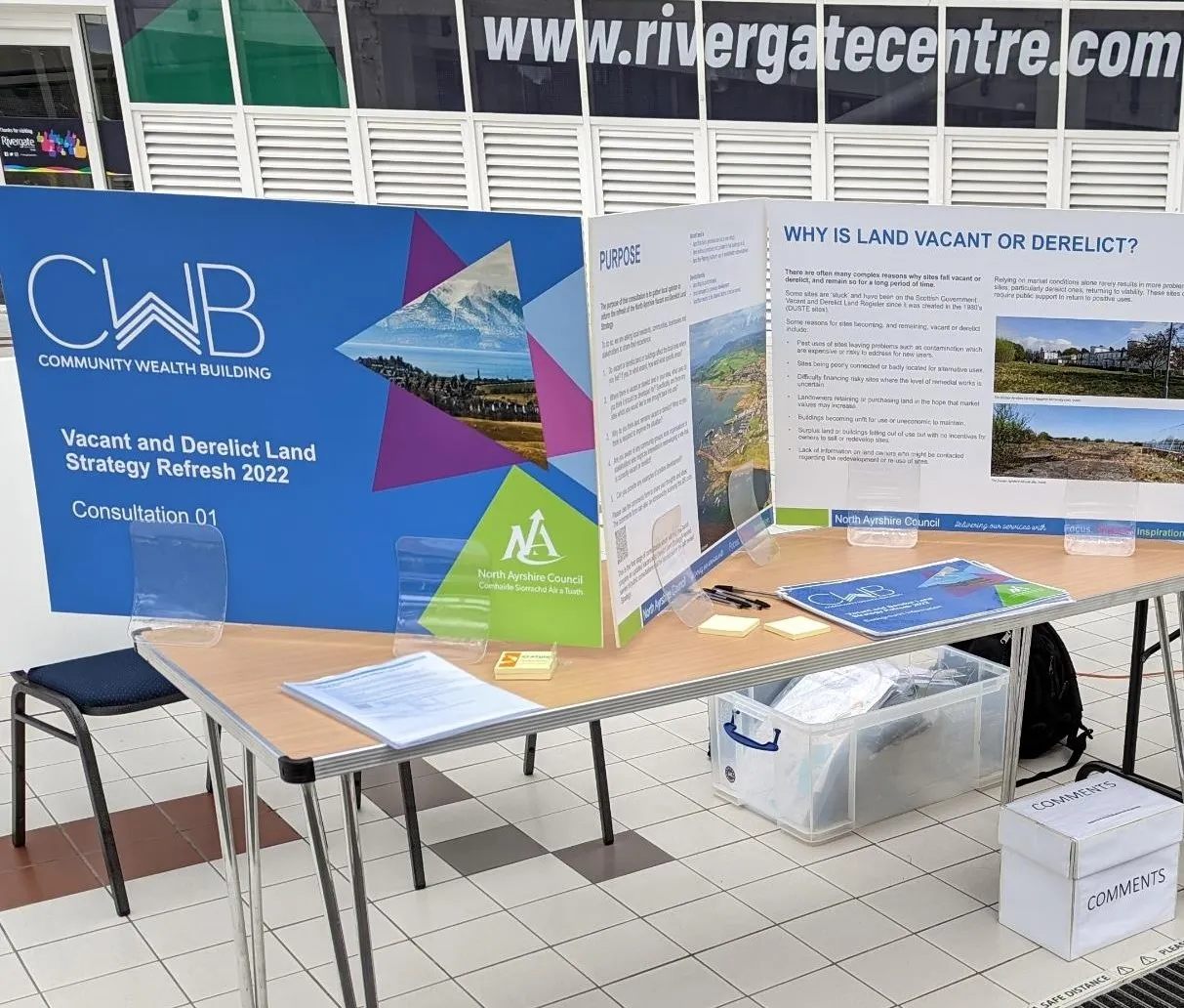 A table in the Rivergate shopping centre for consultation about the Vacant and Derelict land strategy refresh