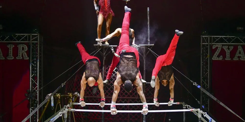Five acrobats performing a trick on the bars