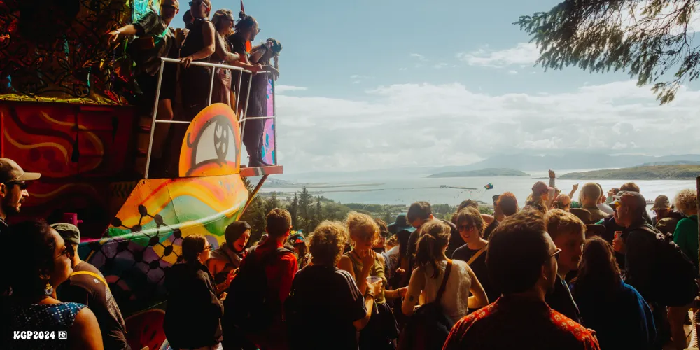 Group of people partying in with scenic backdrop