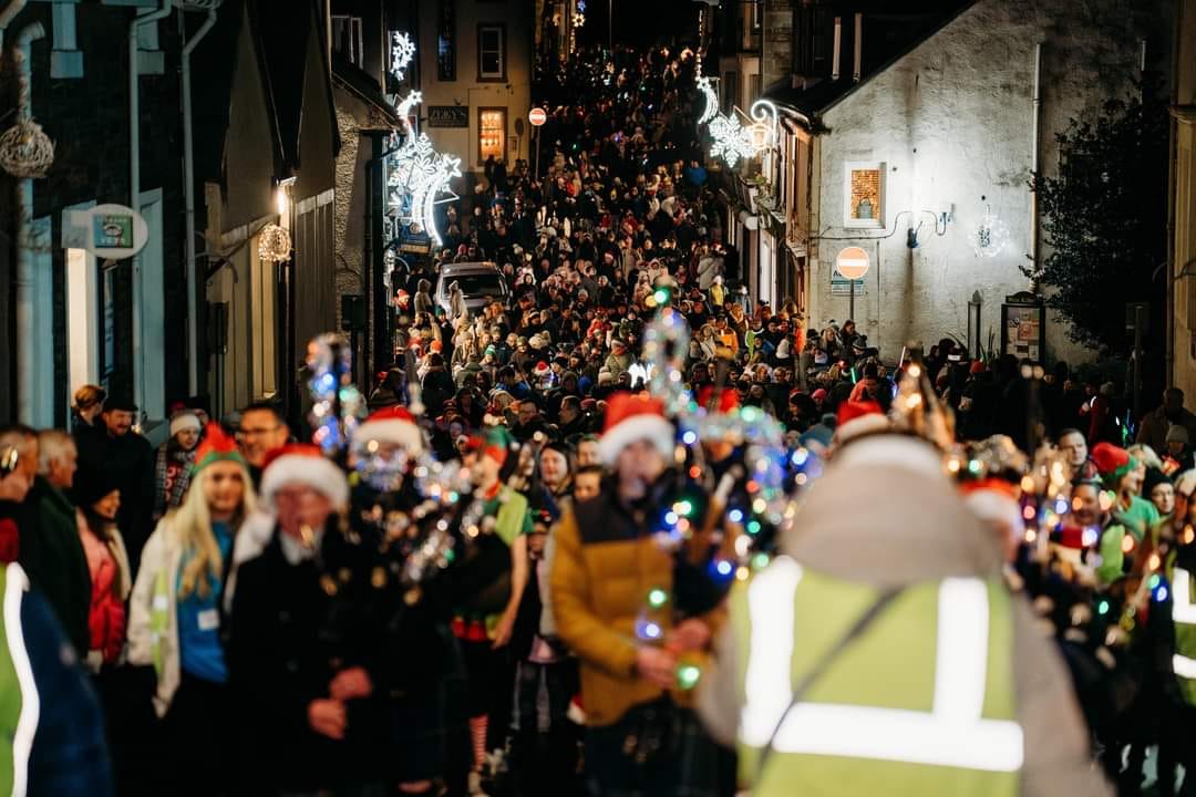 Crowd gathered on Main Street, West Kilbride to celebrate the festive season.  
