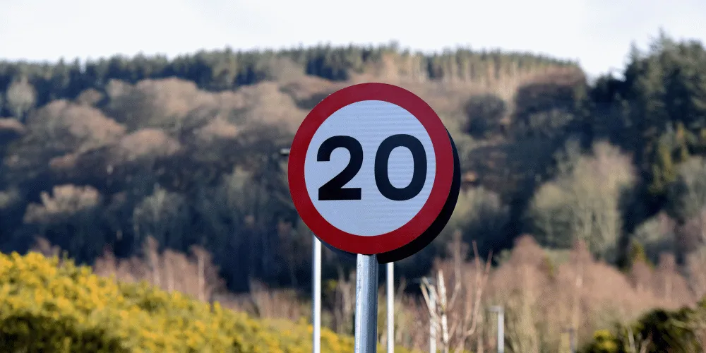 A 20mph road sign on a pole with trees and greenery in the background