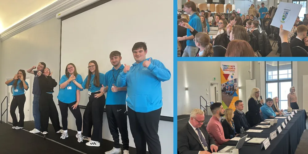 Group photos of young people North Ayrshire Council officers and elected members at Joint Cabinet Saltcoats Town Hall