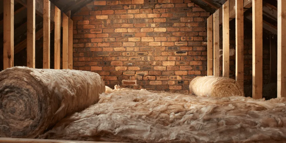 Rolls of insulation in an attic with a bare brick wall in the background