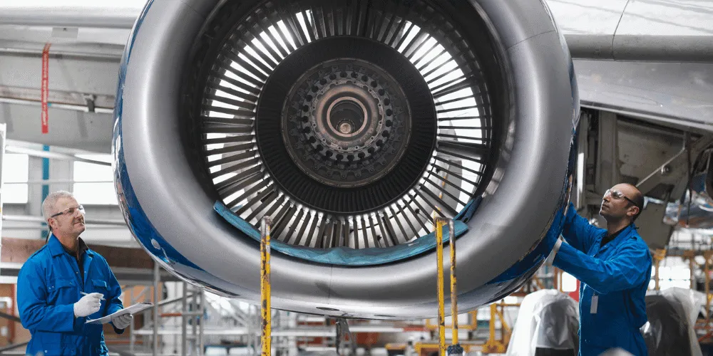 Two people stand either side of a large airplane engine