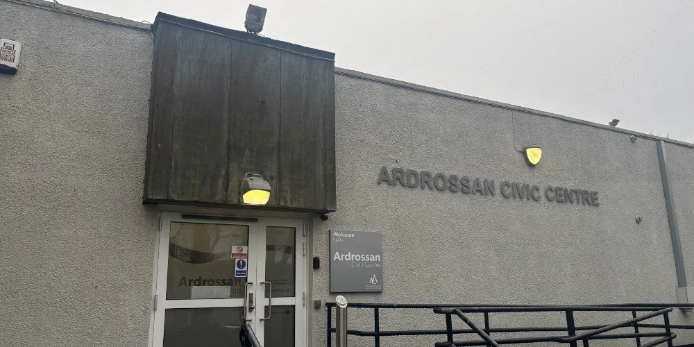 The front entrance to Ardrossan Civic Centre on a drab winter day with grey skies
