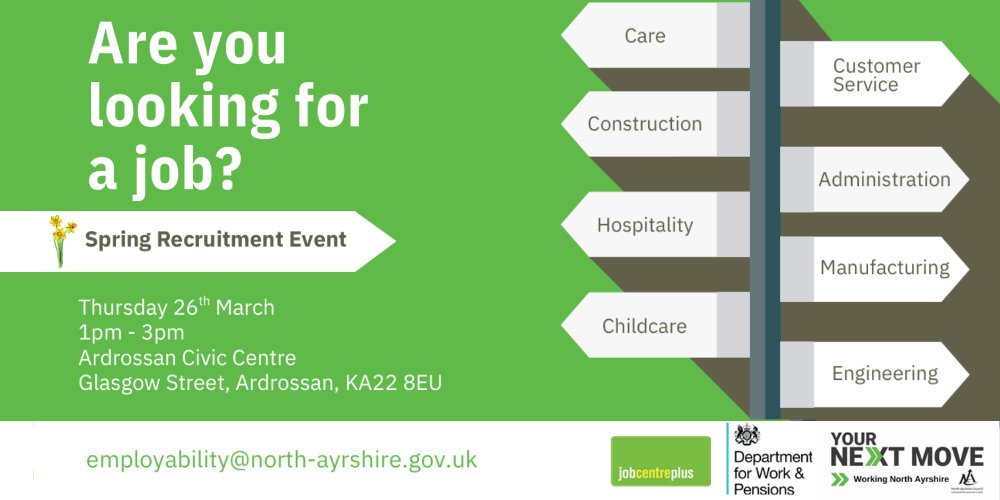 Are you looking for a job poster for Spring recruitment event at Ardrossan Civic Centre full details in article