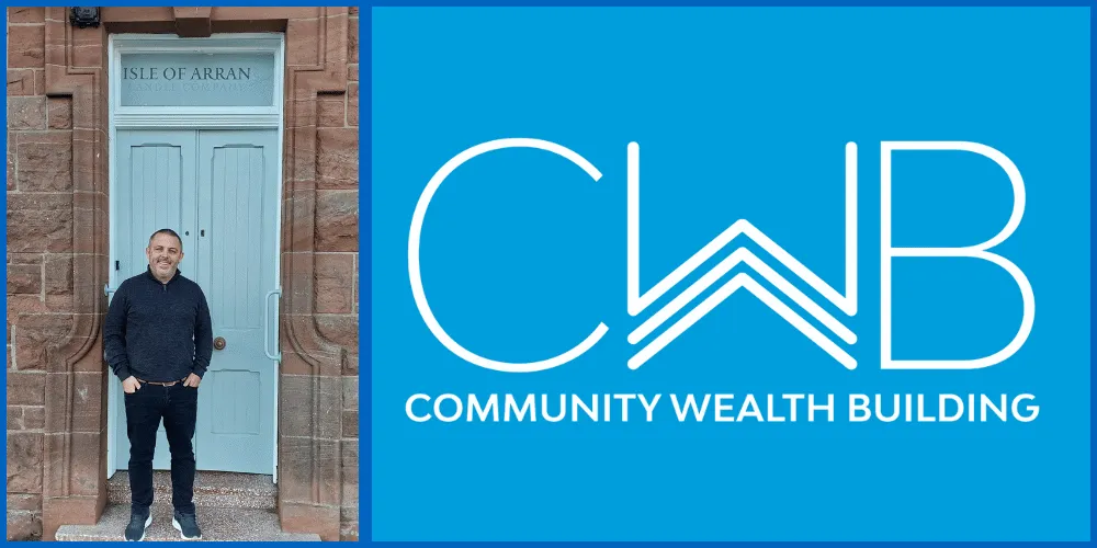 Man standing smiling outside shop and a Community Wealth Building logo