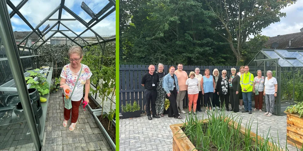 Lady in greenhouse holding tomato and group photo of council officials and volunteers in local community garden