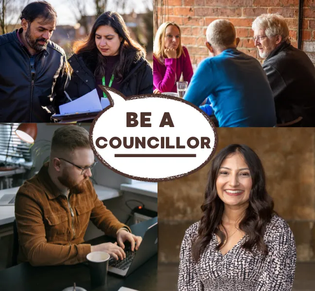 Photo collage with people in community and speech bubble be a councillor