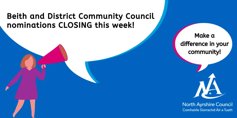 Beith and District Community Council nominations make a difference in your community megaphone graphic