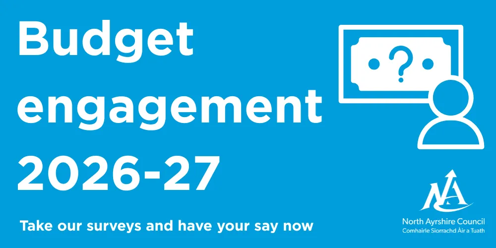 A graphic with the words Budget engagement 2026 to 27, take our surveys and have your say now