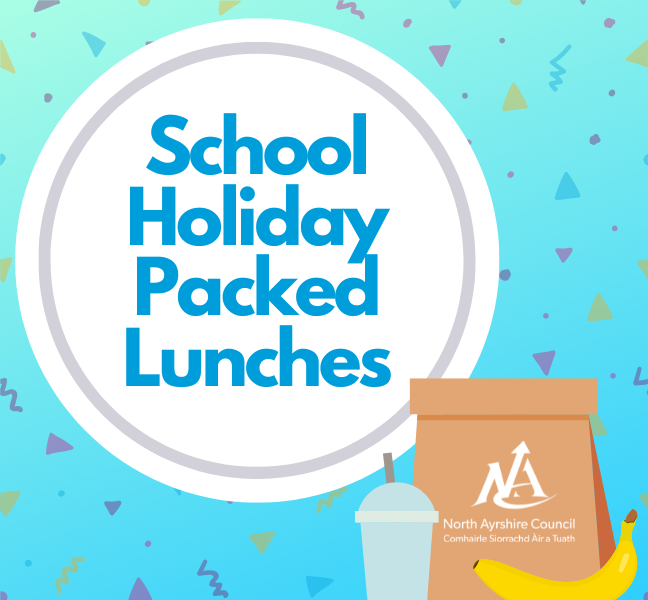 School holiday packed lunches graphic with council logo