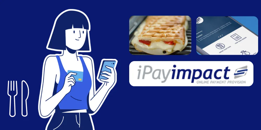 A cashless school meals graphic with person holding phone and cheese toastie