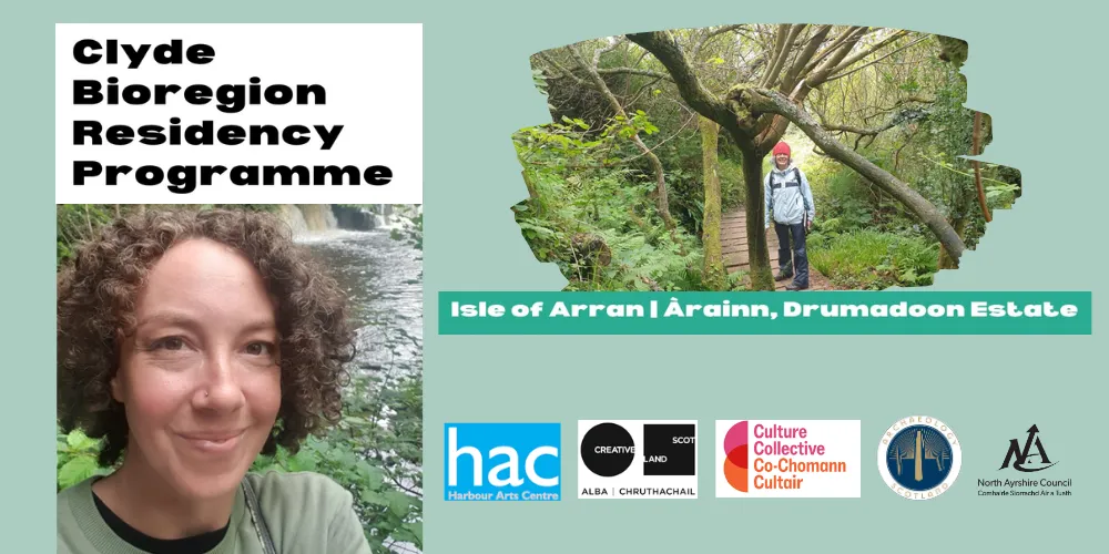 Two dance artists outdoors with graphic text reading: Clyde Bioregion Residency Programme