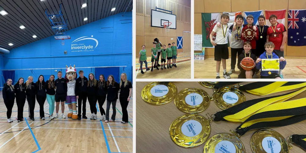 North Ayrshire Active Schools photo collage of sports events with medals and mascot