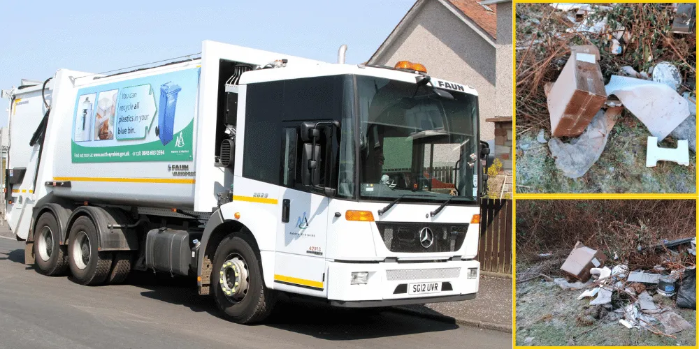 Council bin lorry and two photos of illegally-dumped litter