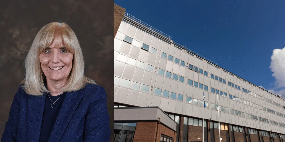 Councillor Marie Burns and an outside shot of the Council's Irvine headquarters