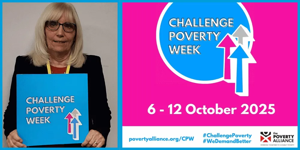 Council Leader Marie Burns with Challenge Poverty Week campaign logos