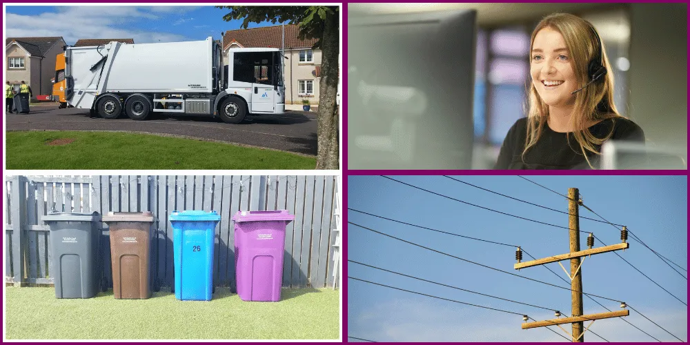 Collage of storm images - bins, bin lorry, call centre, power lines