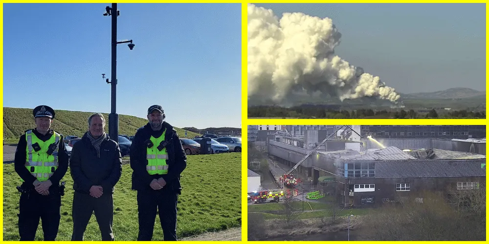 Three men standing in a row, facing the camera; a white billow of smoke from a fire and firefighters extinguishing a fire