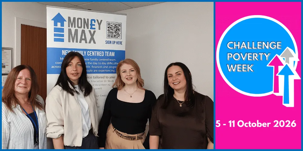 Four women, smiling and facing the camera with a pop-up banner for Money Max
