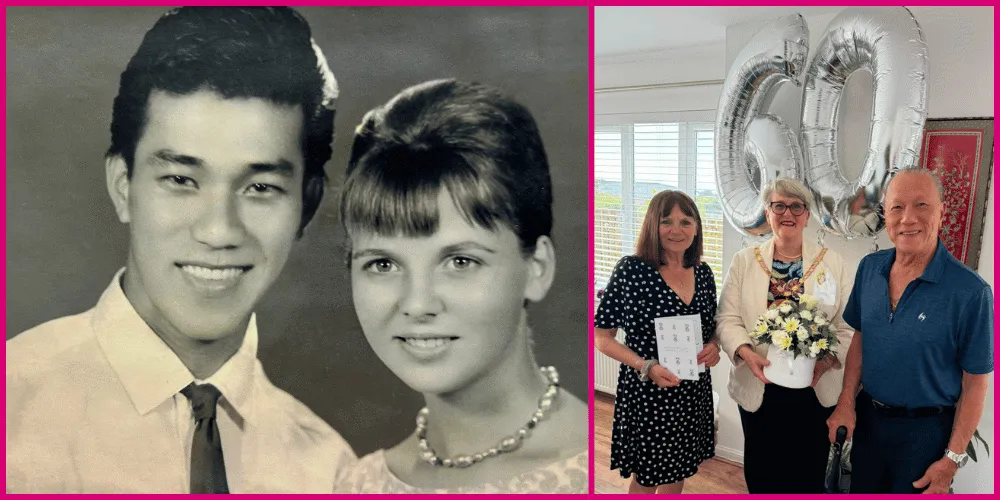 A black and white photo of a couple in the 1960s, and a photo of them now with Provost Anthea Dickson