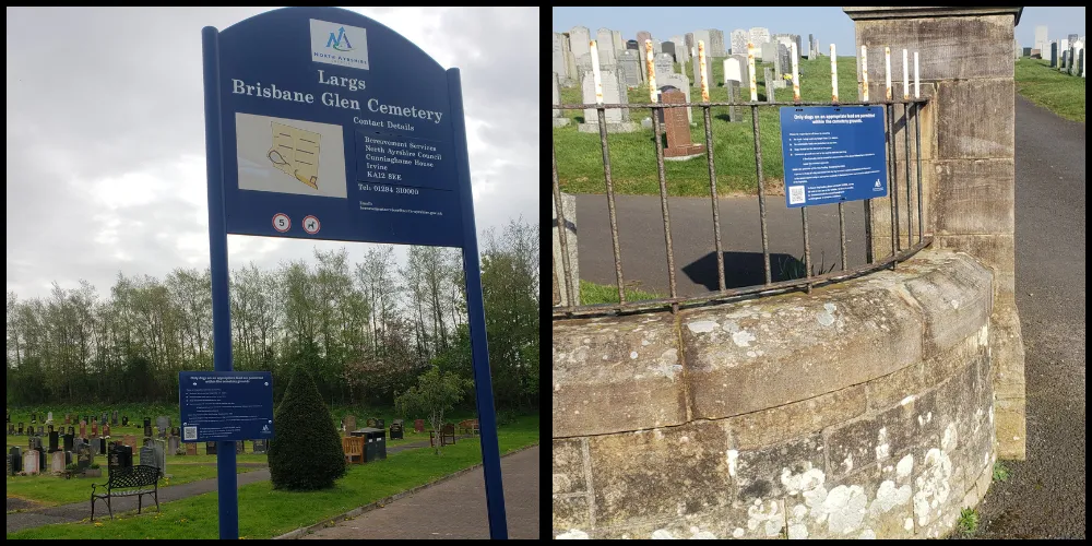 Signage showing rules for dog walkers in cemeteries