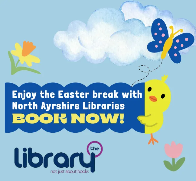 Enjoy the Easter break with North Ayrshire Libraries book now image with butterfly, spring flowers and yellow chick