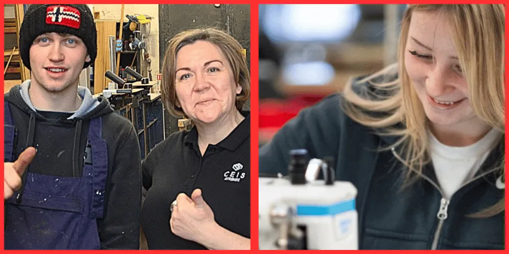 Two people giving the thumbs-up to the camera and a woman working on a sewing machine
