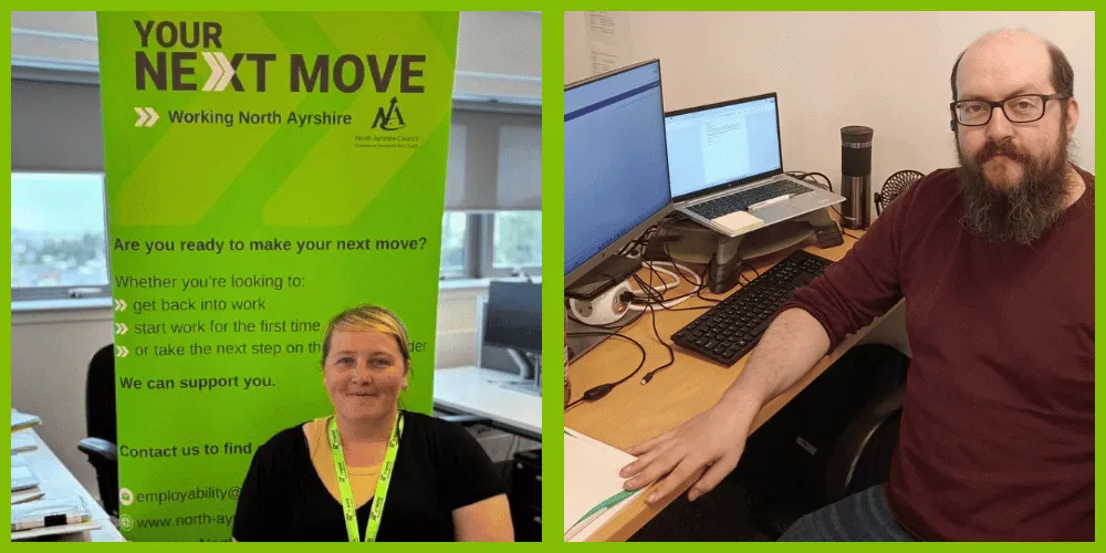 A woman and a man seated at their workplace desks