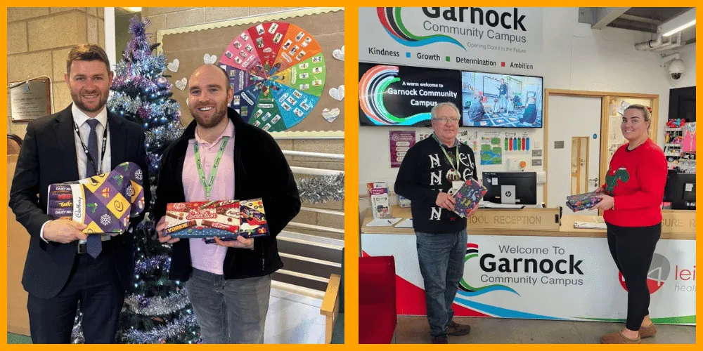 Selection boxes being handed over to staff at two centres, with Christmas tress and decorations visible