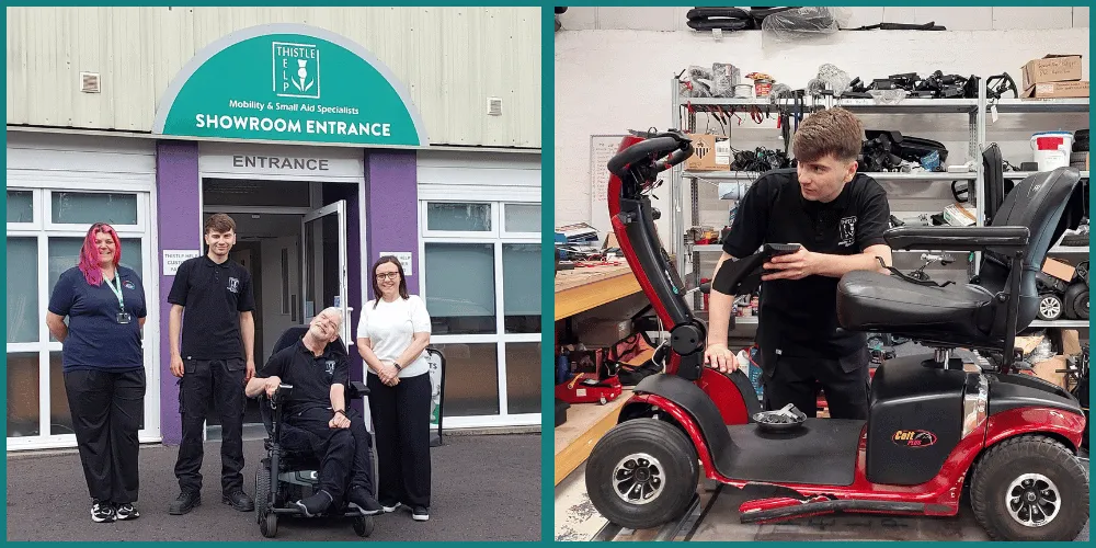 Four people outside a business doorway, and a young man repairing a disability scooter