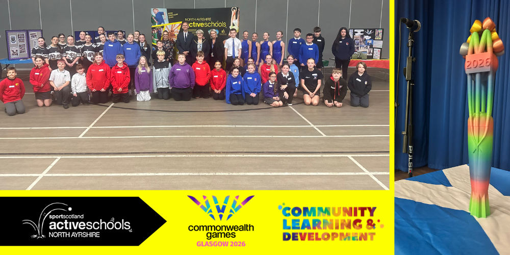 Photo collage young people and Council Leader and Provost with North Ayrshire Commonwealth baton on Scotland flag
