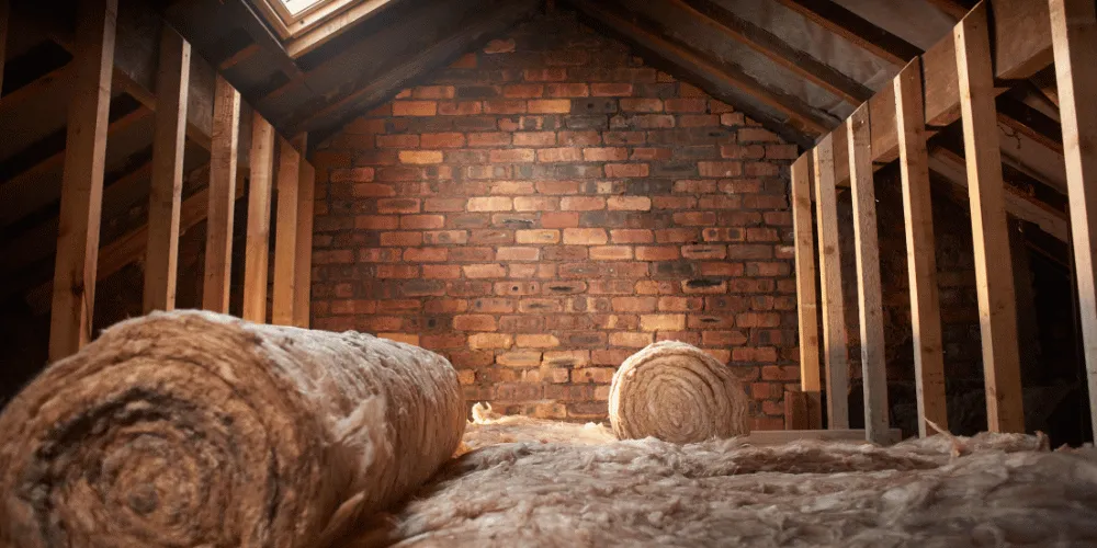 An attic space with rolls of insulation