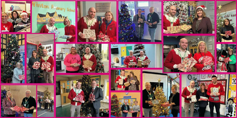Collage of the Equal service delivering selectin boxes to schools