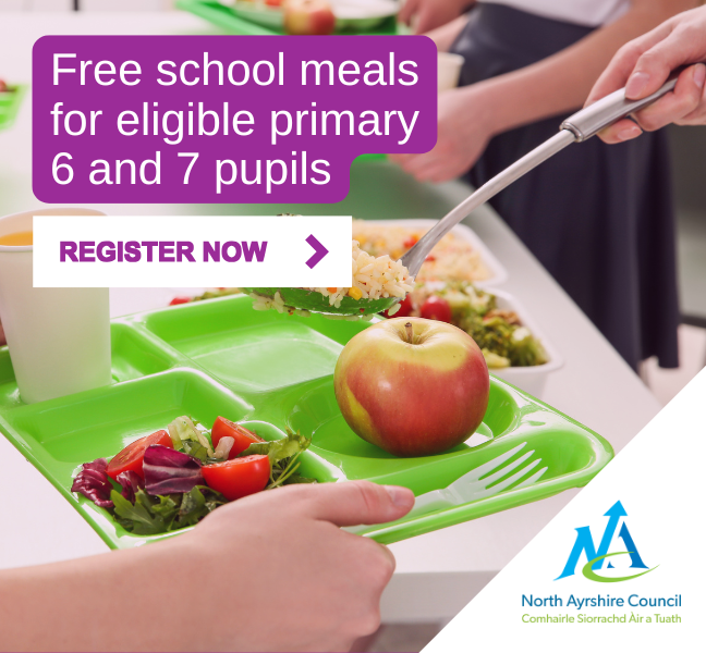 School meal tray with text reading 'Free school meals for eligible 6 and 7 pupils' register now